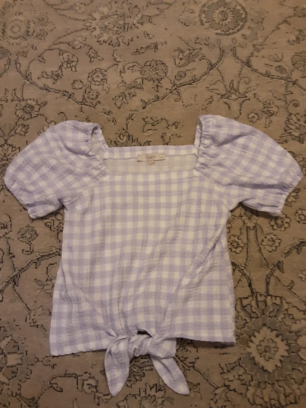 LOFT Lavender Gingham Tie-Front Puff Sleeve Top